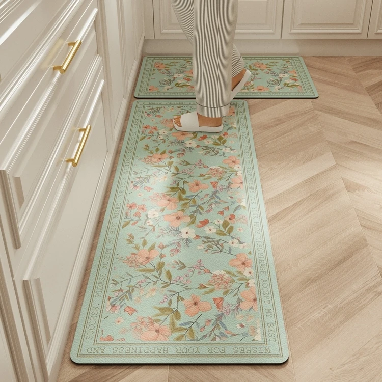 

Carpet for Kitchen Floor Mat Pvc Leather Waterproof Non-slip Long Rug Anti-fatigue Foot Mats Pink Flower Home Decoration Rugs