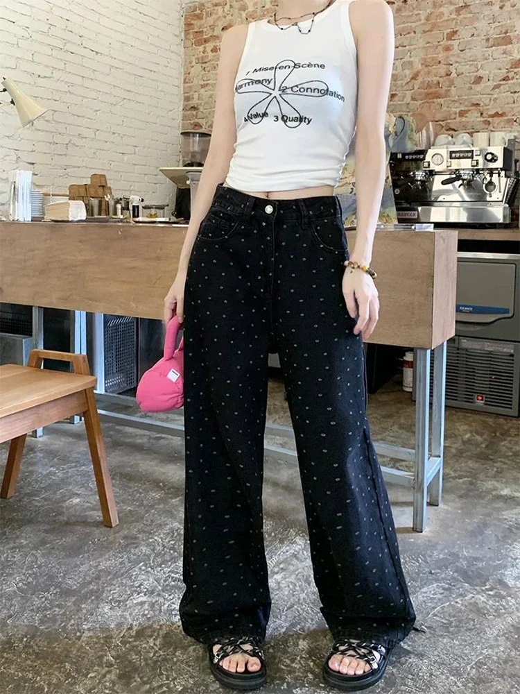 Black Polka Dot Trousers For Women Spring And Autumn Vintage Printed Jeans Women's High Waist Loose Wide Leg Floor Length Pants