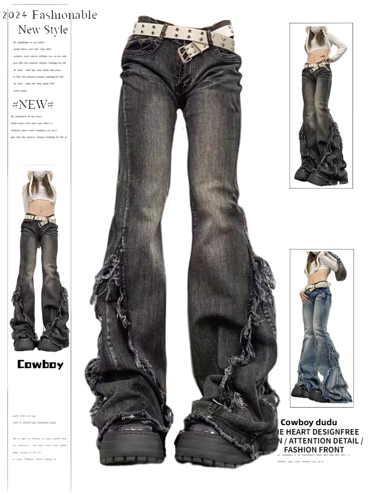 

Low Waist Bell Bot Denim Jeans Women Sexy Loose Fit Slimming Wide Leg Floor Length Pants American Retro Vibe Frayed Design