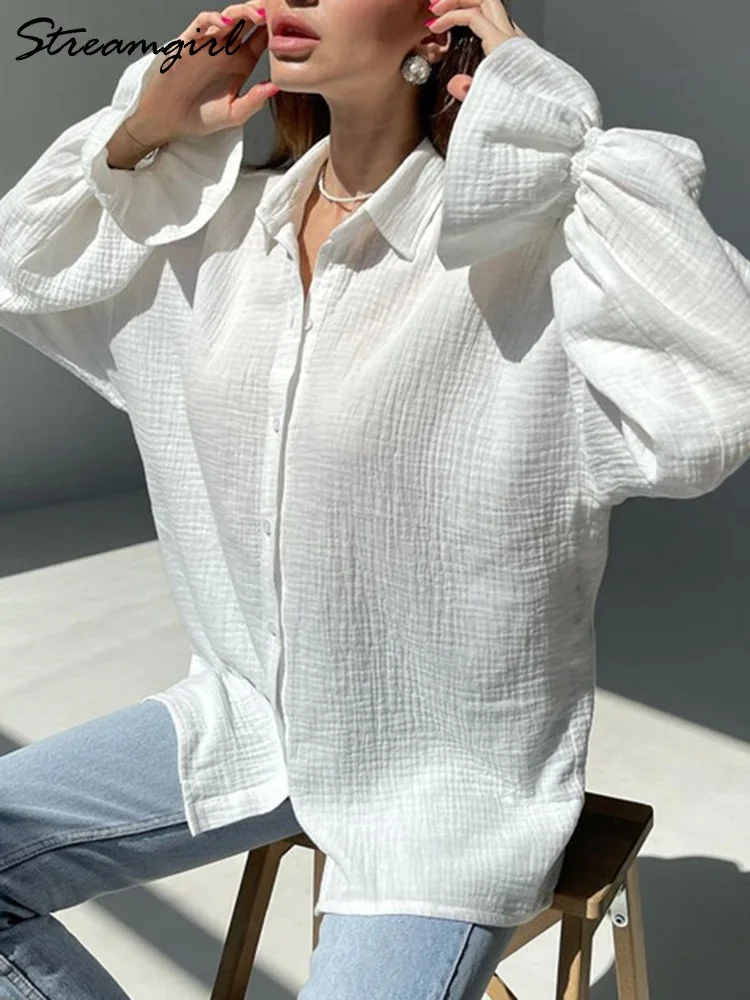 Cotton Trumpet Sleeves White Shirts Women Loose Blouse Spring Oversized Shirt Women Long Sleeve Womens Casual Shirts And Blouses