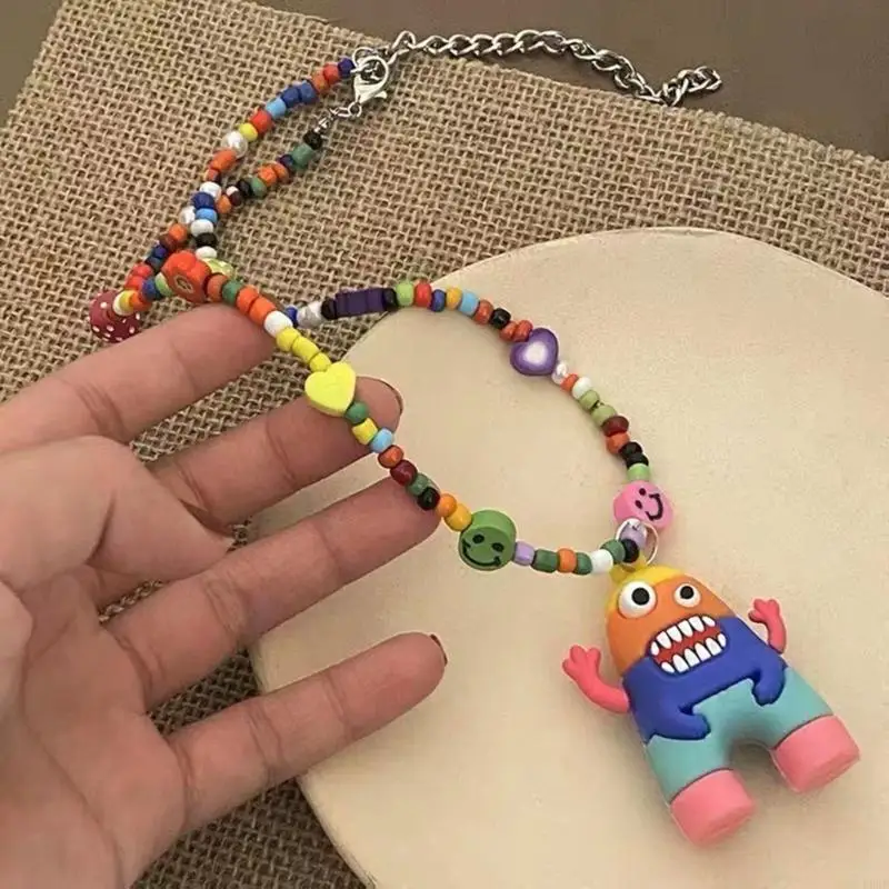 P0RF Colorful Bead Chain Necklace Cartoon Monster-Pendant Choker Chain Fashion Monster-Hip Hop Pendant Gift for Girls Jewelry