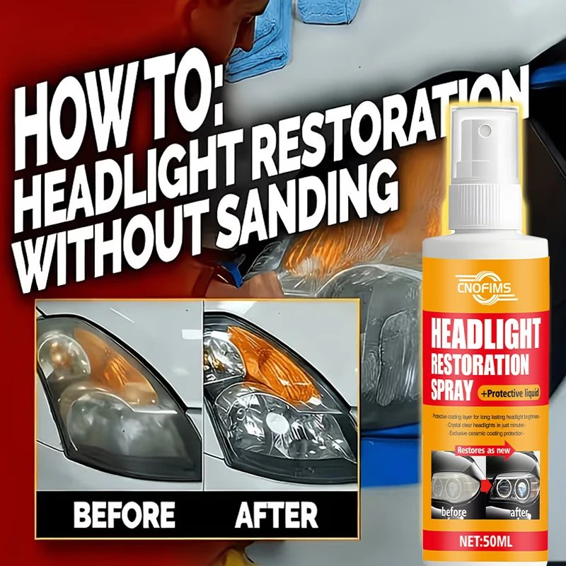 Headlight Repair Spray for Cars, Clarity Restorer Fluid for Yellowed Hazy Oxidized Lenses with Protective Coating