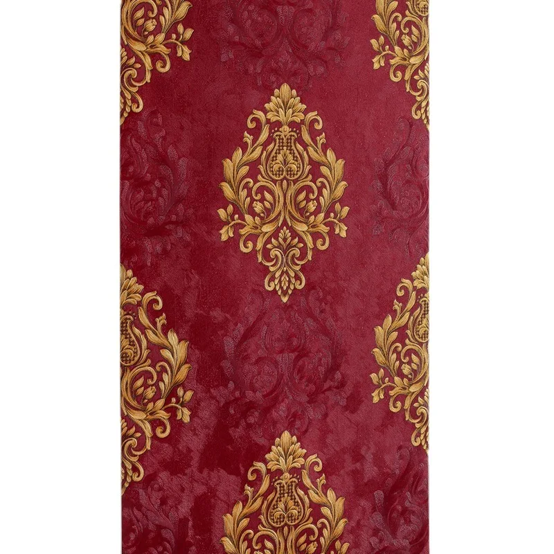 Imperial Red 3D Retro European Style Large Flower Wallpaper for Living Room Dining Room Hotel Luxury Deep Red and Dark Coffee