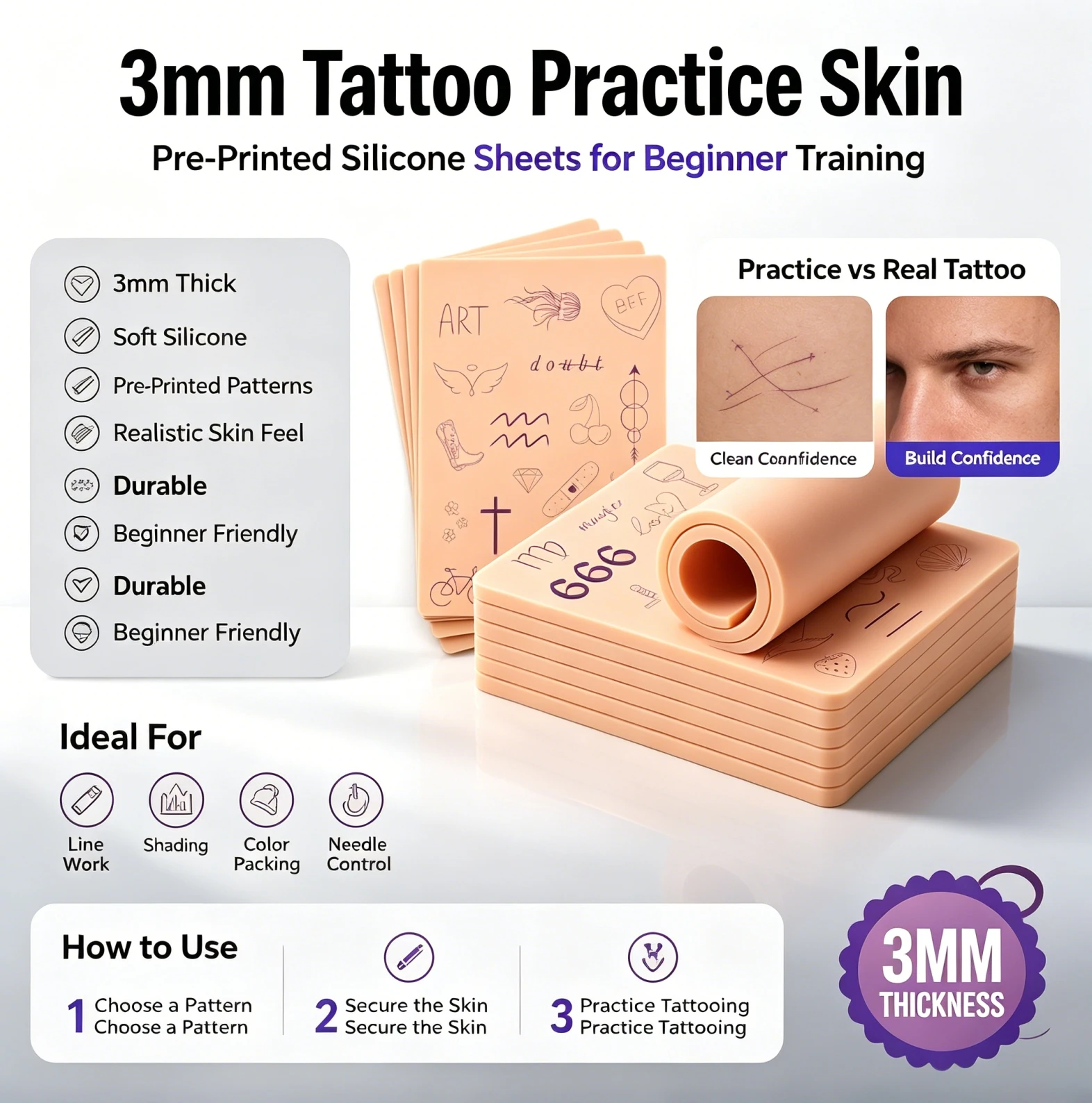 1/5/10/15 pièces Peau d'entraînement en silicone 3MM pour tatouage, maquillage permanent et microblading, pour débutants, accessoire