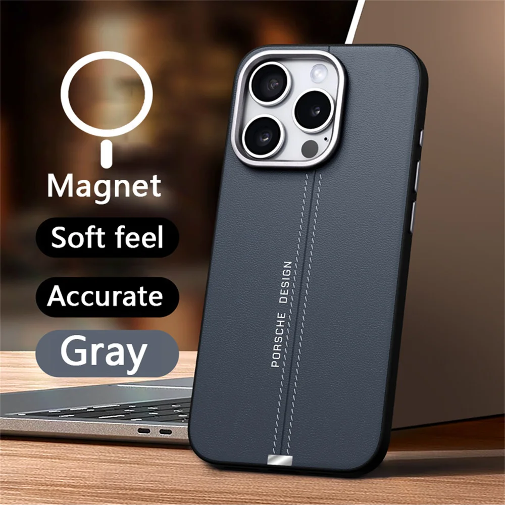 Luxury Business Leather Magsafe Magnetic Phone Case For iPhone 16 15 14 13 Pro Max 15Plus 16Plus Anti-fall Metal Button Cover