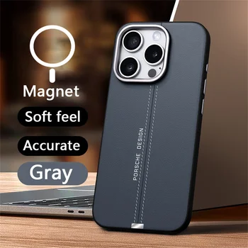 Luxe Zakelijke Lederen Magsafe Magnetische Telefoon Case Voor iPhone 16 15 14 13 Pro Max 15 Plus 16 Plus anti-val Metalen Knop Cover