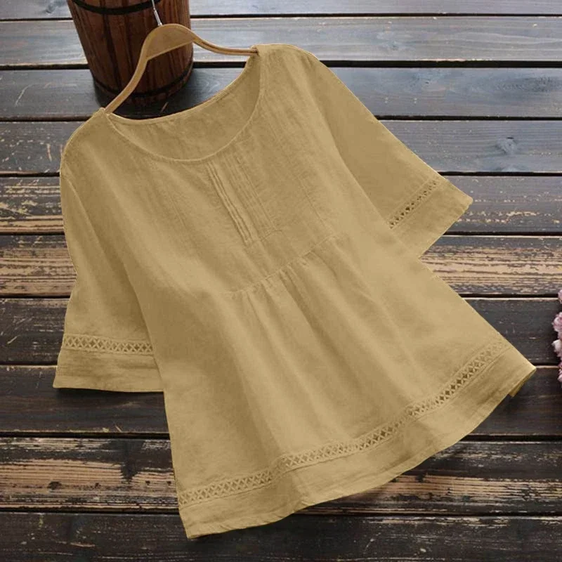 New Women's Elegant Cotton and Hemp Shirt Solid Color Casual Round Neck Hollow Half Sleeve Splicing Fashion Women's Top