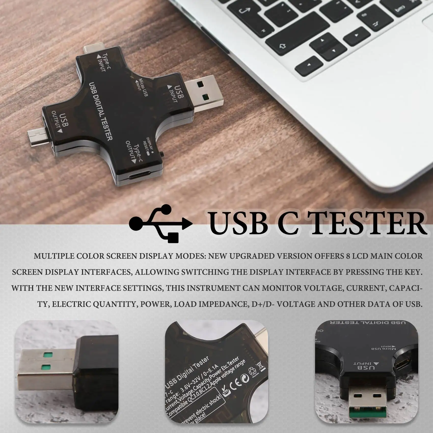 2 in 1 ประเภท C USB เครื่องทดสอบหน้าจอสี LCD มัลติมิเตอร์แบบดิจิตอล, USB C แรงดันไฟฟ้าโวลต์มิเตอร์แอมป์เครื่องตรวจจับโวลต์มิเตอร์