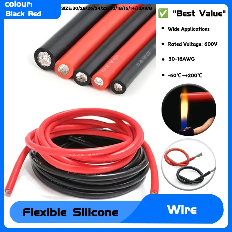 

Super Soft Flexible Silicone Red Black Wire Heat Resistant Car Battery Electrical Power Cable 1~20M 30/28/26/24/22/20/18/16AWG