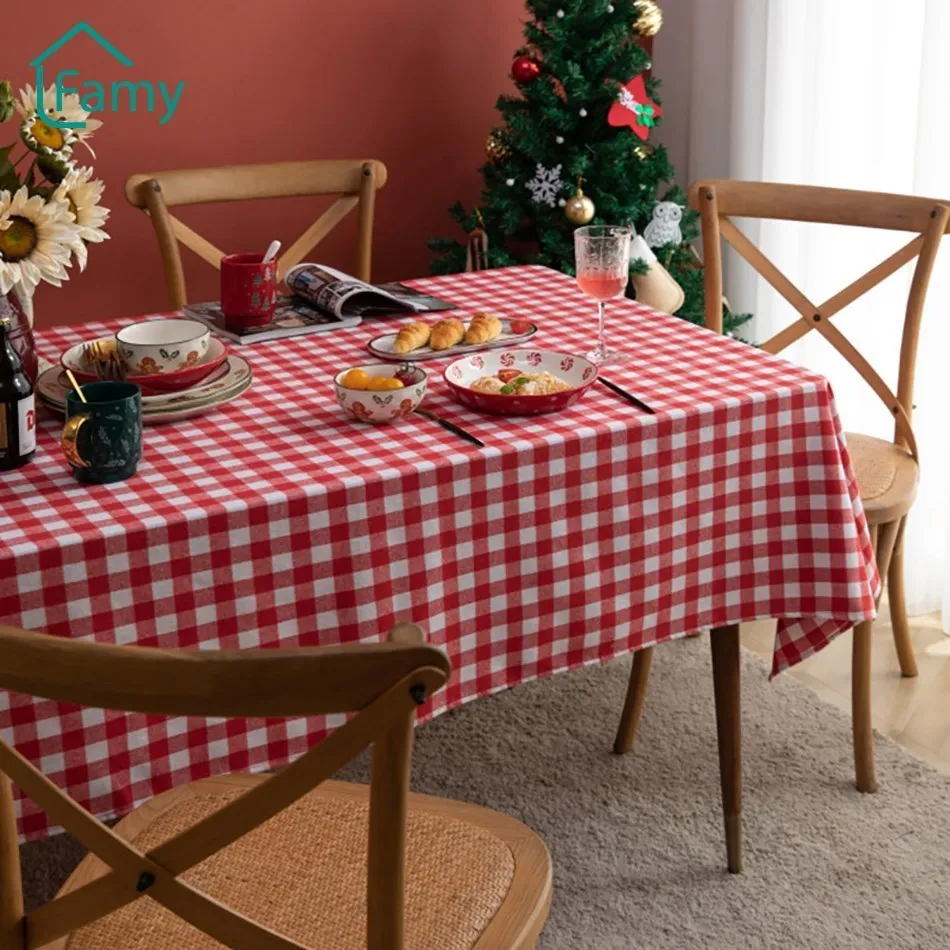 Christmas Decorative Tablecloth Red White Plaid Modern Table Cloth Happy New Year Cotton Linen Living Room Event Table Cover