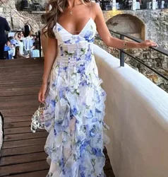 Spring/Summer New Off Shoulder Strap V-neck Printed Sexy Slim Fit Dress For Women,4 Colors