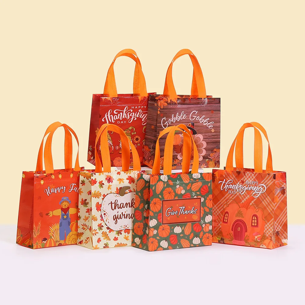StoBag Thanksgiving Reusable Tote Bags Non Woven Harvest Pumpkin Gift Bags with Handles for Party Favor Autumn Packaging Bulk