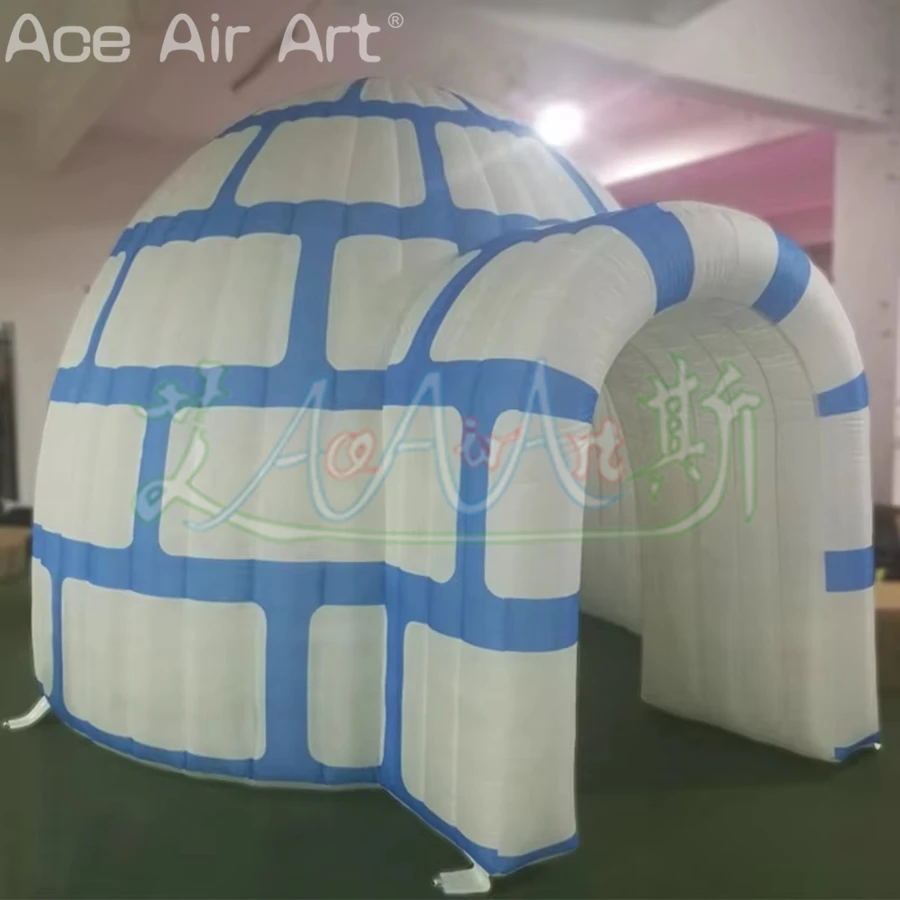 Blue & White Inflatable Igloo Father Christmas's Grotto Winter Inflatable Dome Tent for Outdoor Christmas Decor Kids Fun