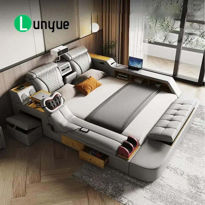 Smart Bed Frame Genuine Leather Multifunctional with Massage Speaker Projector Air Purifier Modern Bedroom Furniture Ultimate