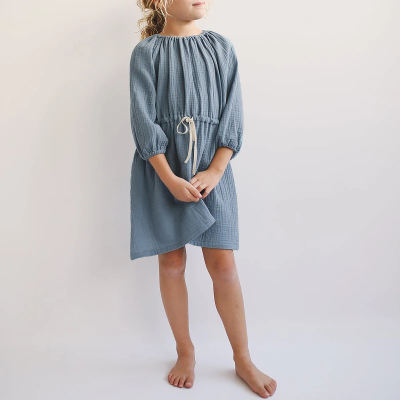 

100% Cotton Gauze Girls Drawstring Dress 2024 Spring New Round Neck Pleated Long Sleeved Casual Loose Baby Girl Dresses