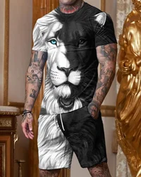 3D Printed Lion T-shirt Men's Set Summer All-match Casual 2-piece Sportswear Men's Oversized  T-shirt Shorts Retro Beach Cloth