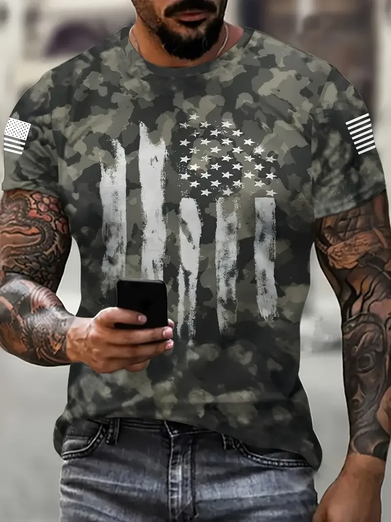 Men's Painting Style American Flag Print And Gradient Color T-shirt Crew Neck Short Sleeve Tee Summer Top For Street Casual Wear