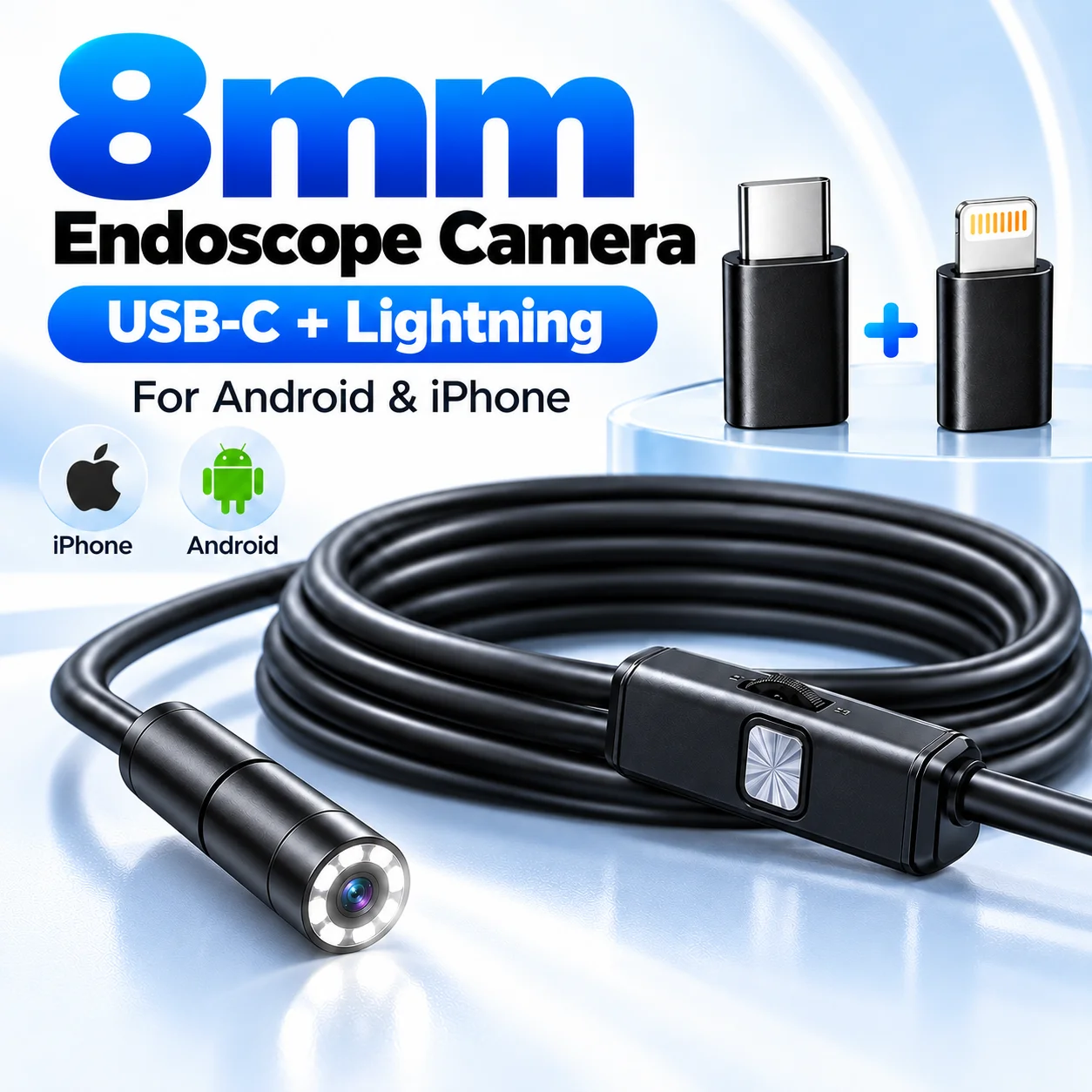 DN500 2MP Industrial Endoscope Camera Type-C Lightning Borescope Waterproof Inspection Camera for iPhone Android Pipe Automotive