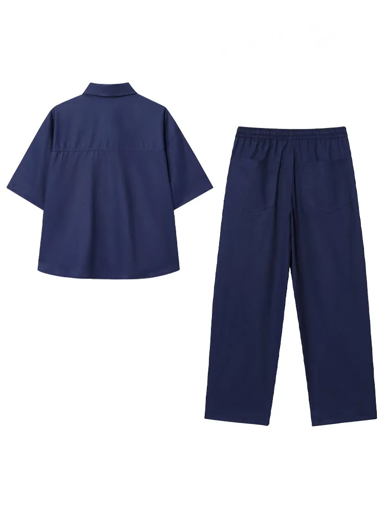 HH-traje de pantalones informales para mujer, camisa de manga larga con cuello vuelto y bolsillos, pantalones lisos con cordones y cintura elástica