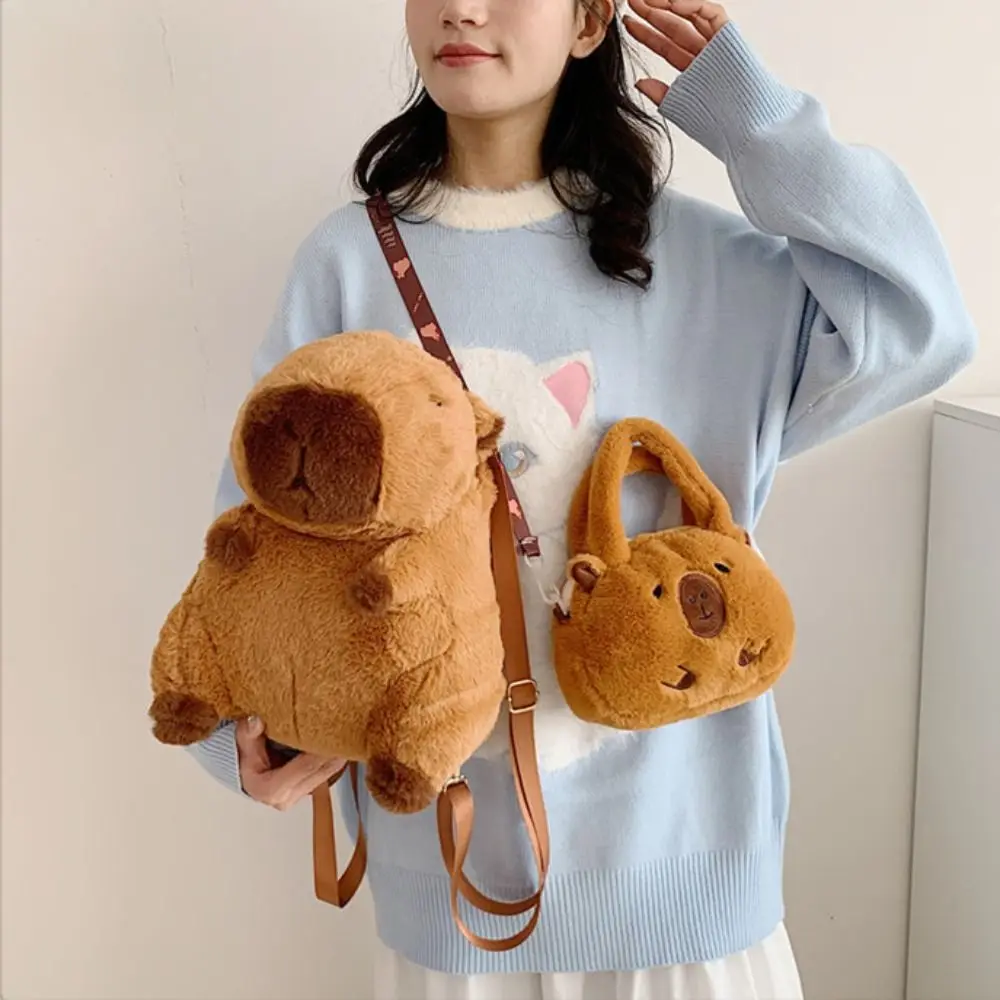 Kawaii Capybara Plush Backpack Women Versatile Cute Cartoon Funny Capibala Crossbody Bag Large Capacity Tote Bag