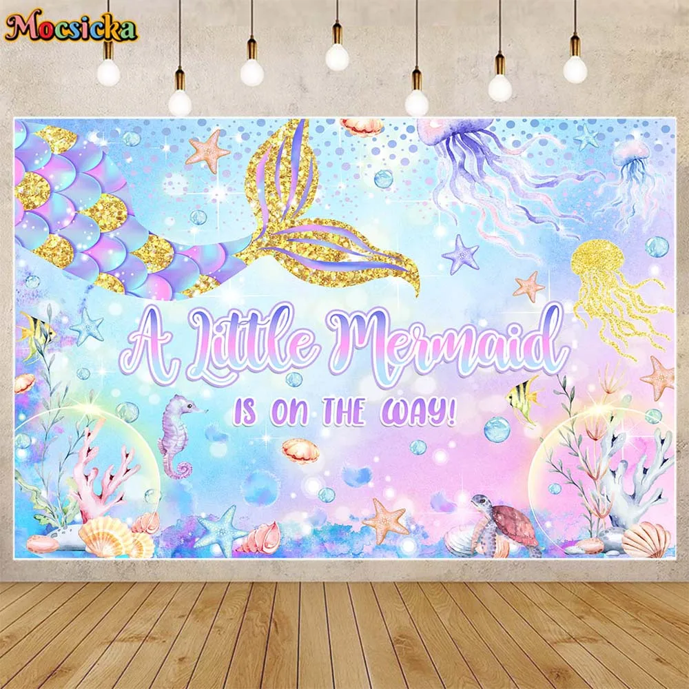 

Mocsicka Mermaid Baby Shower Backdrop Girl Welcome Party Decor Purple Glitter Mermaid Newborn Background Banner Photoshoot Props