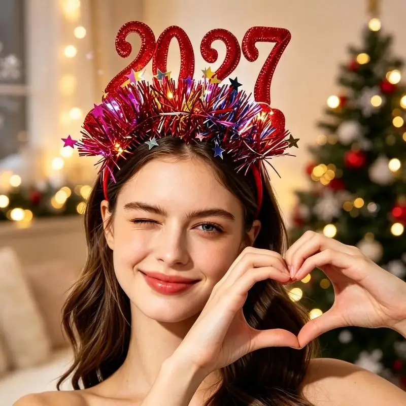 Langlebiges Weihnachts-Haarband mit Lichtern, süßer Glitzer-LED-Haarreif für das Neujahrsfest 2027, Cosplay-Kostüm – Detail 8