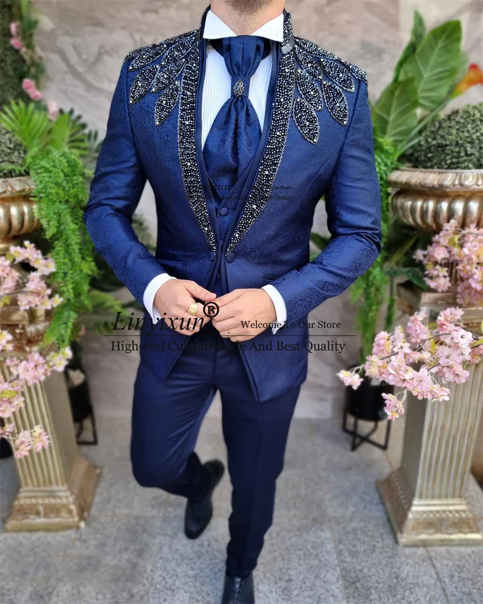 Luxury Italian Beaded Wedding Suits For Men Male Prom Blazers Outfits 2 Pieces Sets Groom Tuxedos Ropa Hombre Slim Costume Homme