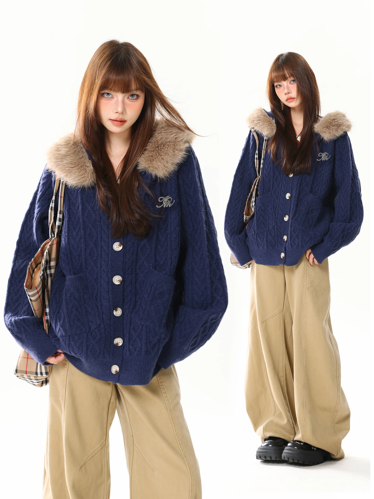 

AONW American Retro Hooded Knitwear Coat Women's Loose Autumn Winter High-End Lazy Sle Casual Thiened Open Cardigan