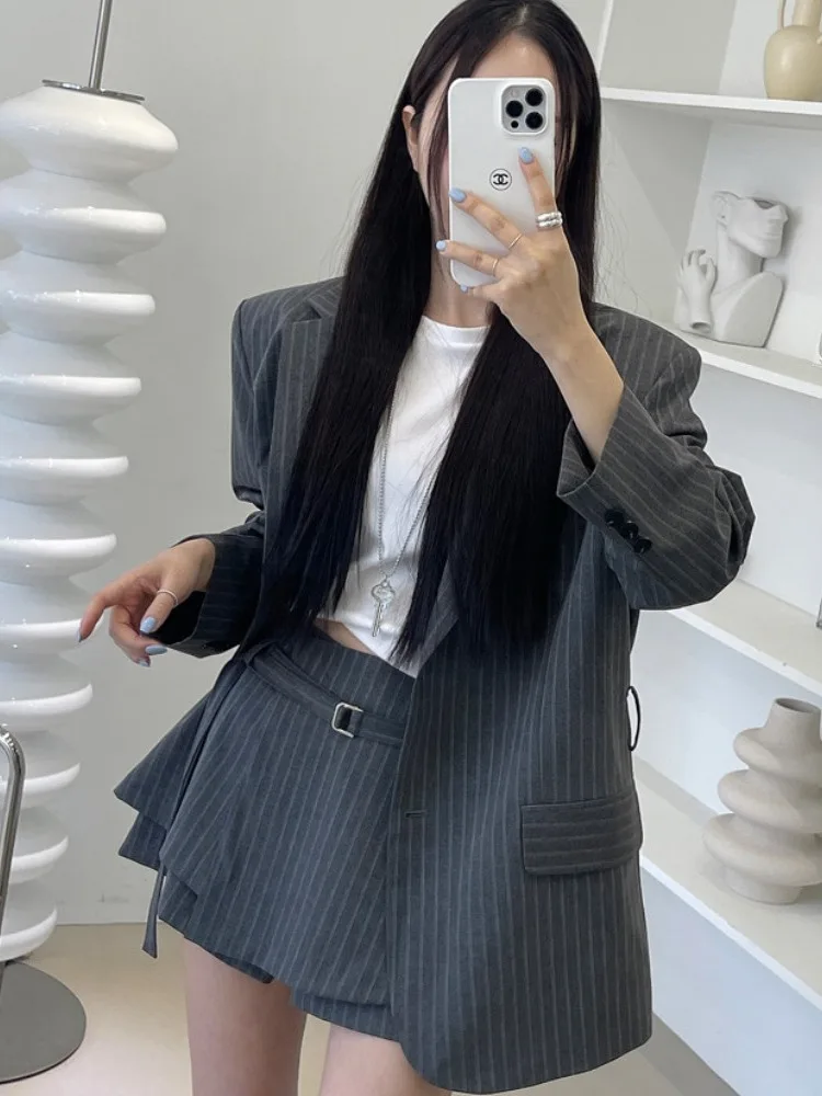 Printemps Faion femmes taille haute rayure costume Jaet et jupe Ensemble Ele et polyvalent Long Sve Workwear Ensemble