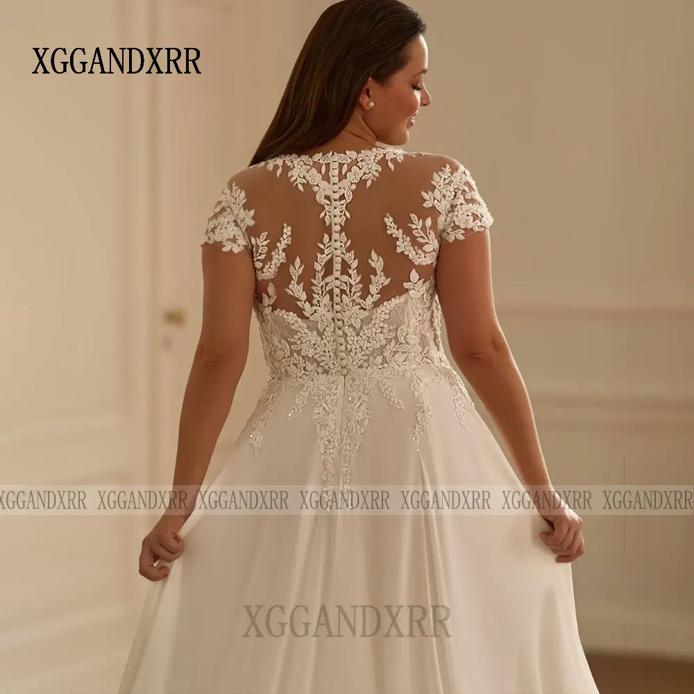 Vestidos de novia de encaje con apliques de línea A de lujo, vestidos de novia de manga corta con cuello redondo, vestido Formal de fiesta de boda de cola larga 2026