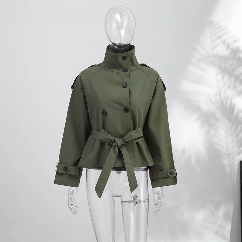 Frühlings-Damen-Trenchcoat mit Schnürung, Stehkragen, Doppelreihiger Knopfverschluss, Stilvolle Neue Damen-Jacke mit Langen Ärmeln, Streetwear-Oberbekleidung – Detail 1