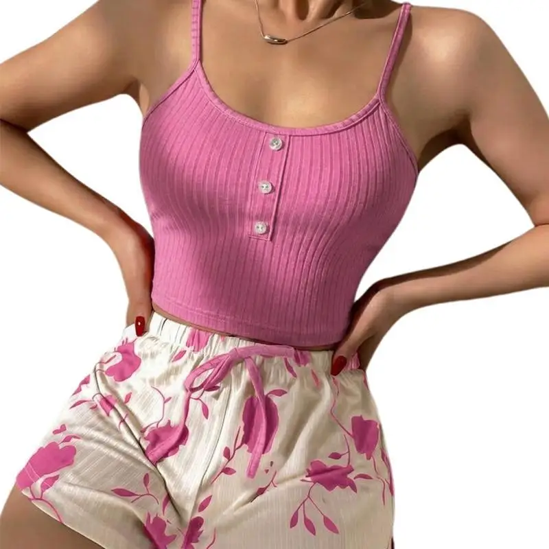 Summer Sleepwear Women's Suspender Shorts Floral Print Soft and Comfortable at Homewear Ladies Suspenders Nightwear 
