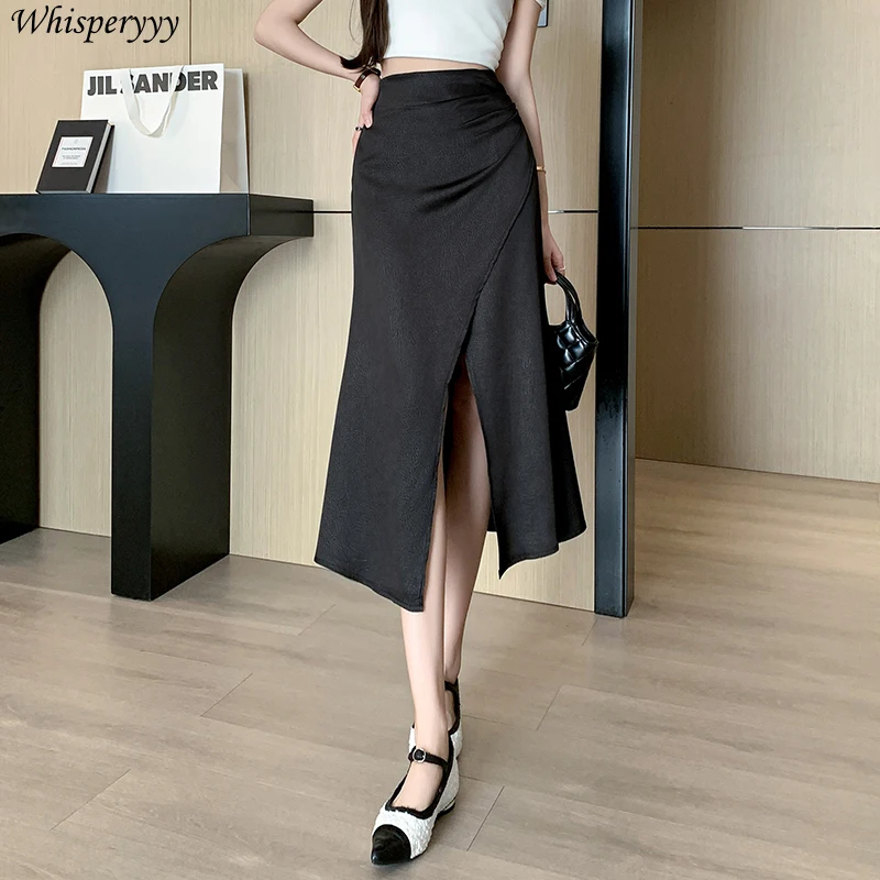 Rock frauen Chinesischen Stil Satin Fischschwanz Rock Plissee Midi Rock Weiblichen Frühling Sommer Vintage Einfarbig Faldones Para Mujer