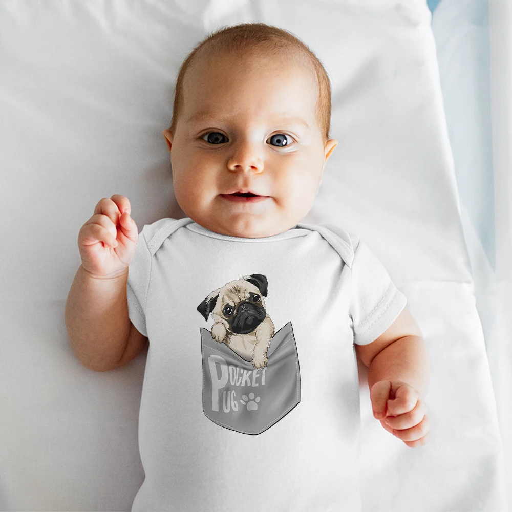 Pocket Pug Kawaii Vetement Bebe Garcon Funny Cute Toddler Bodysuit European Style Fashion Summer Newborn Rompers 0-24 Month