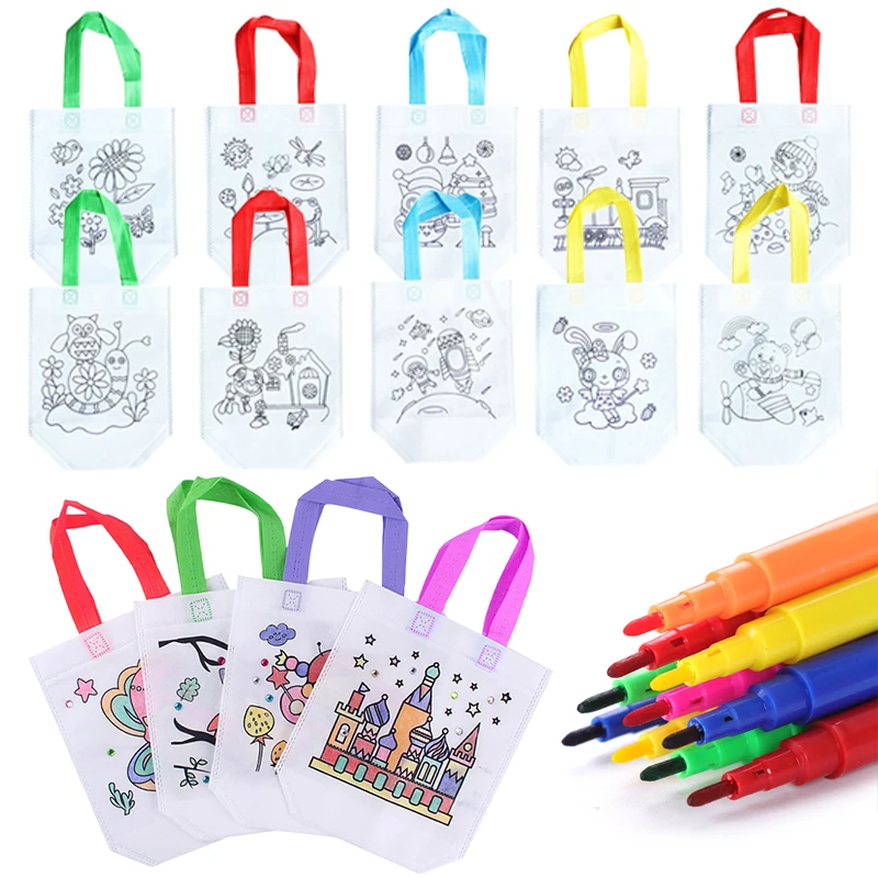 ของเล่นเด็ก ชุดระบายสี DIY กระเป๋ากราฟฟิตีและปากกาสี  กระเป๋าของขวัญผ้าไม่ทอ งานฝีมือ กระเป๋าระบายสีหลากสี รุ่น TMZ