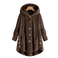 Button Plush Jackets Warm Hooded Outerwear Winter Loose Casual Warm Coats Plus Size Irregular Hem Fleece Coat Homewear Clothes