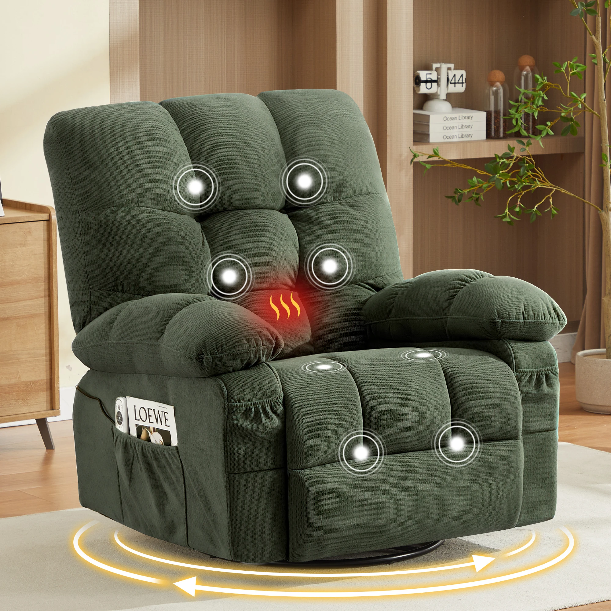 

#Modern Fabric Wood Metal Legs Massage Swivel Recliner Chair Vibration Lumbar Heating Adults Rocker Single Sofa