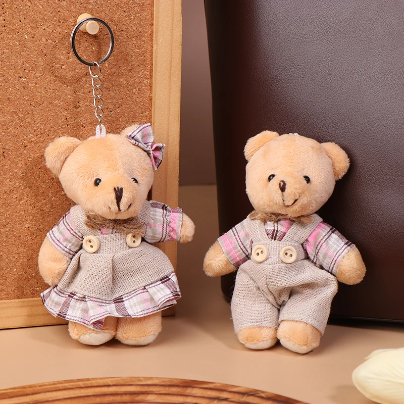 Couple Bear Plush Toy Keychain Cartoon Floral Cloth Bears Soft Stuffed Doll Pendant Car Key Ring Backpack Bag Decor Kid Gift