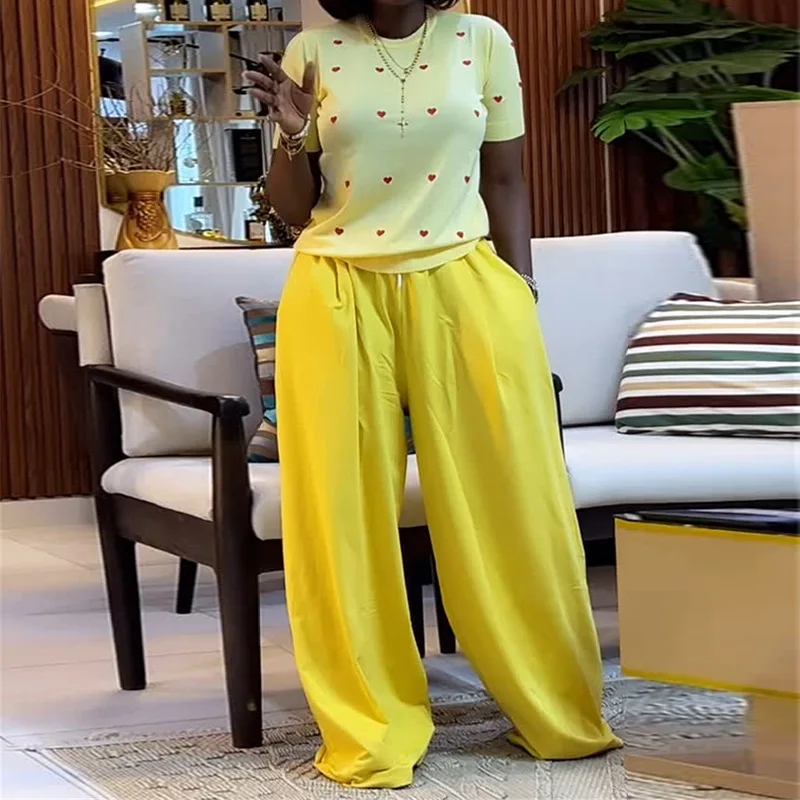 Summer Pants Sets Women Sweet Fashion Round Neck Heart Short Sleeve T Shirt Top Wide Leg Long Pants Set 2 Piece Sets Outfits