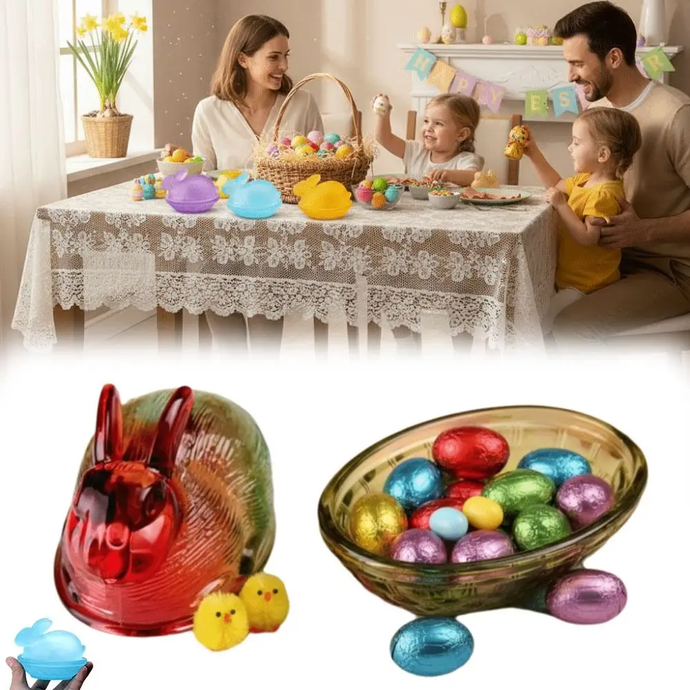 

New Rabbit-Shaped Glass Candy Dish with Lid Easter Bunny Storage Tank Colorful Candy Bowl for Home and Office Desk Decoration