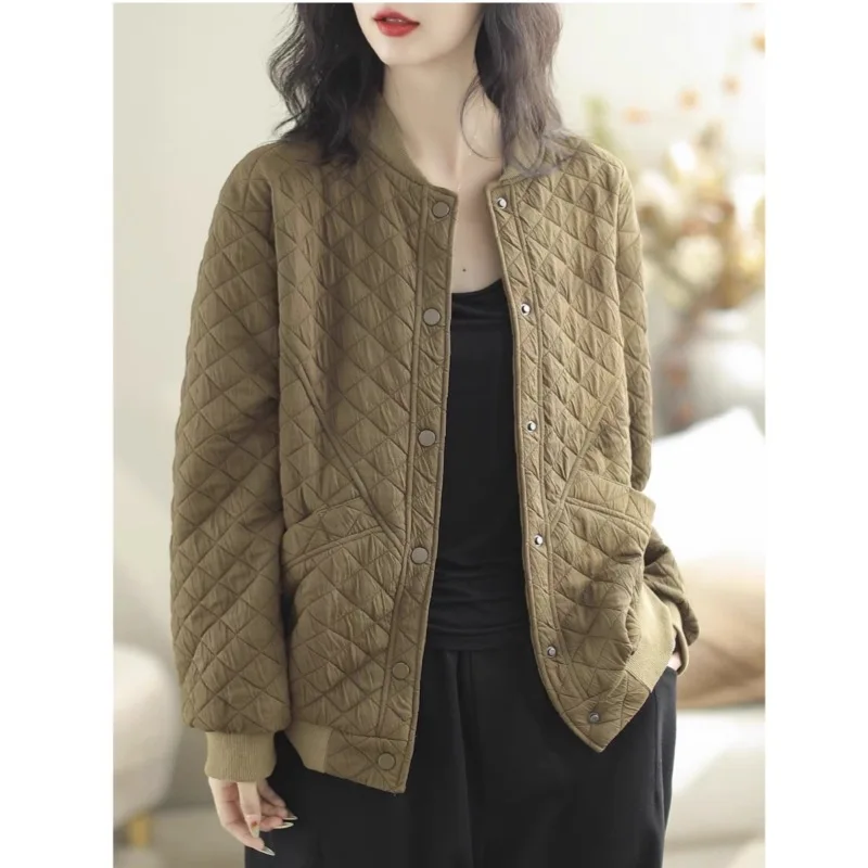 شتاء جديد ريترو مبطن سترة قصيرة المرأة فضفاضة تنوعا الماس البيسبول سترة أعلى #4