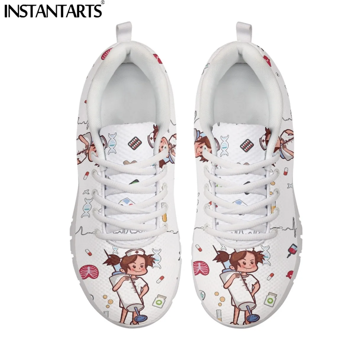 INSTANTARTS Women Lace Up Nurse Shoes Syringe Medical Heartbeat Pattern Female Casual Mesh Flats Sneaker Girls Zapatillas Mujer