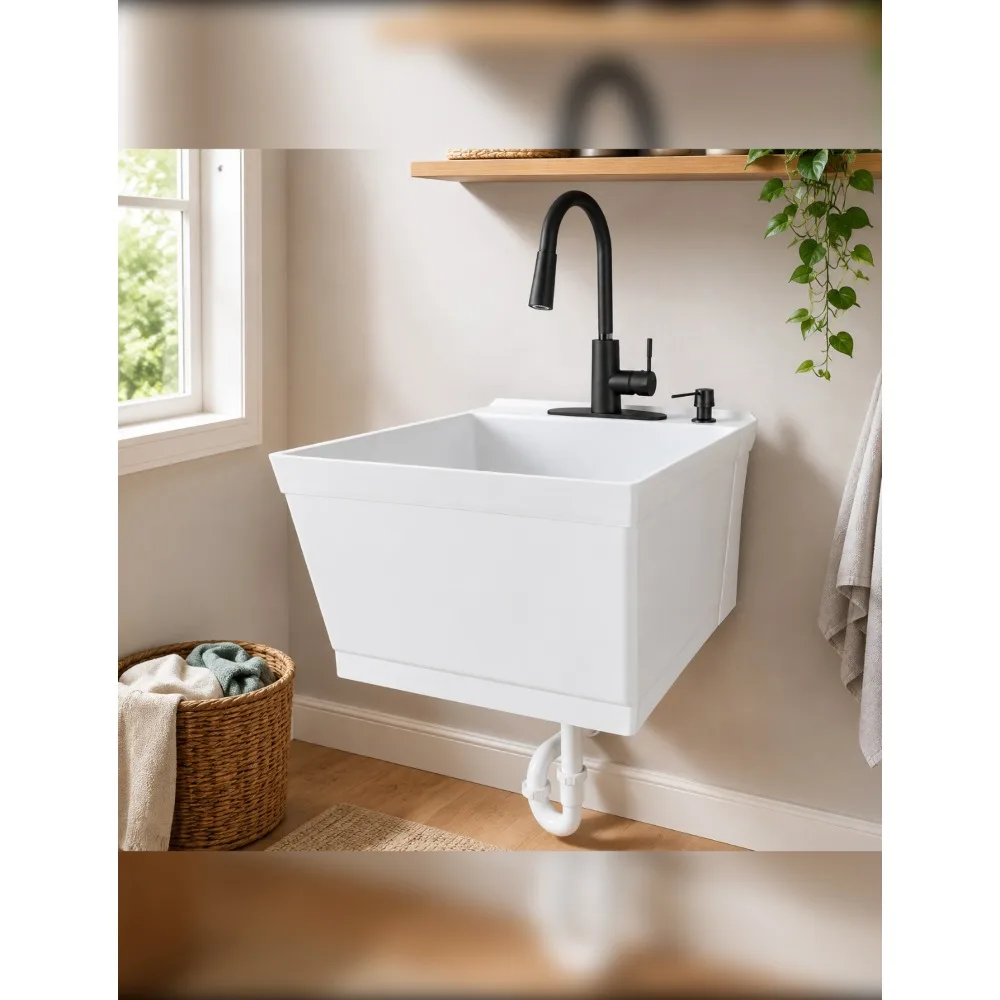 Wall-Mounted Utility Sink Tub Kit with Pull-Down Faucet for Laundry, Garage, Workshop