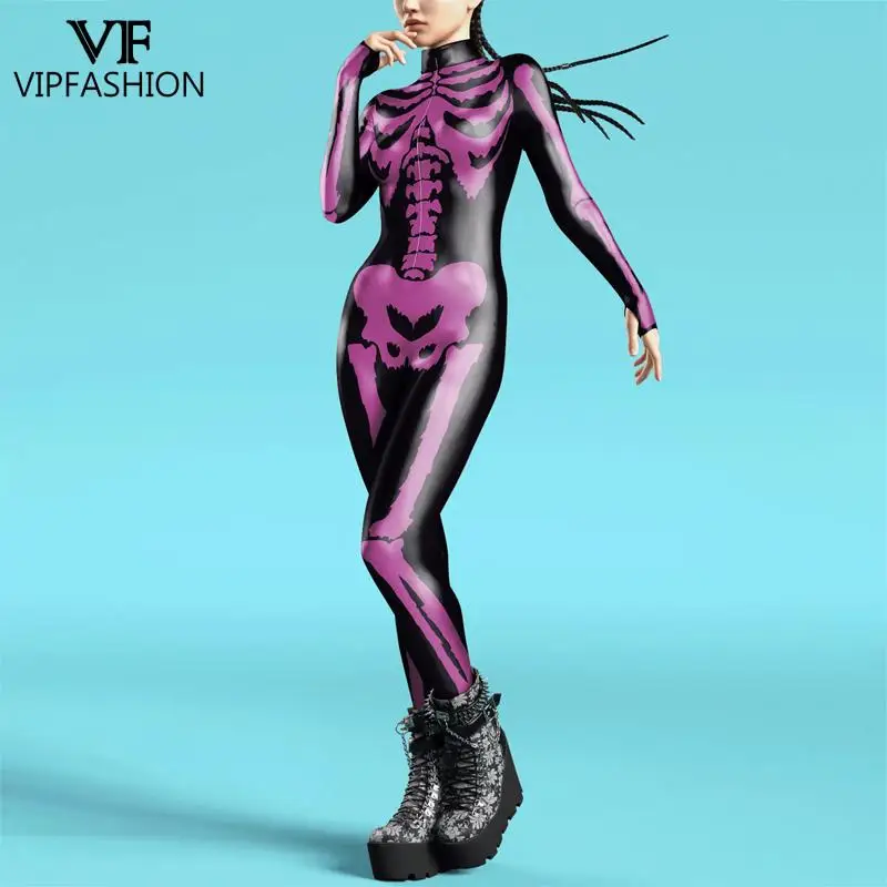 VIP FASHION Pink Green Skeleton Catsuit Halloween Jumpsuit Carnival Party Wear Female Zentai Bodysuit Scary Costume