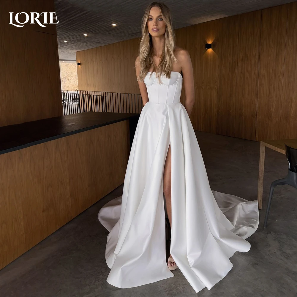 

LORIE Solid Satin Elegant Wedding Dresses Off Shoulder A-Line High Satin Backless Bridal Gowns Corset Sleeveless Bride Dress