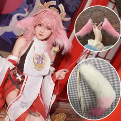 Game Yae Miko Plush Ears Headpiece Headband Tail Suit Cosplay Lolita Anime Fox Cat Headwear Halloween Party Costumes Accessories