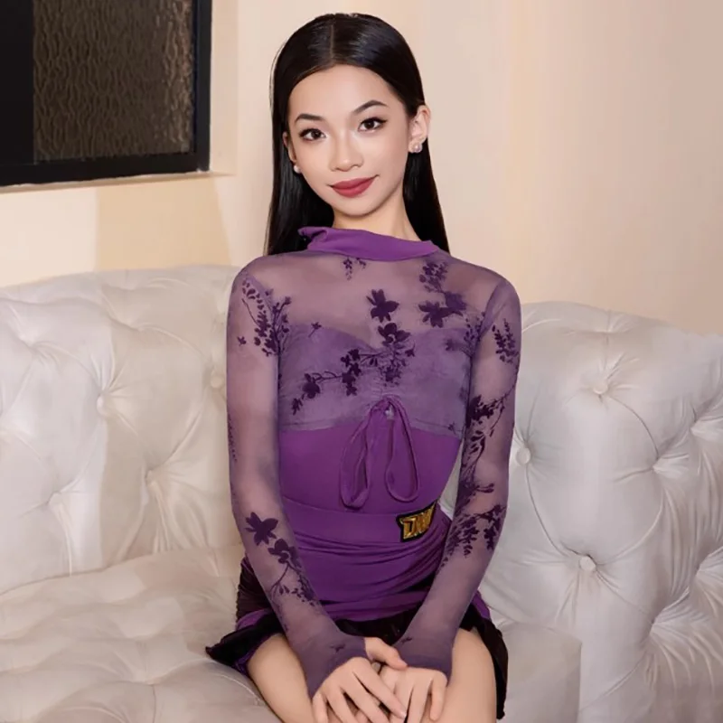 

Детский костюм для латинских танцев для девочек, сетчатое боди с длинными рукавами и принтом, юбки, детская танцевальная одежда для соревнований и практики