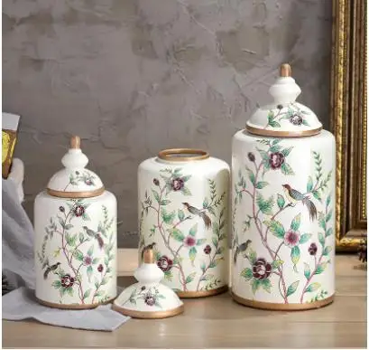 Vintage European Flower and Bird Ceramic Storage Jar Vase Decoration Porcelain Art Crafts Tea Coffee Beans Candy New