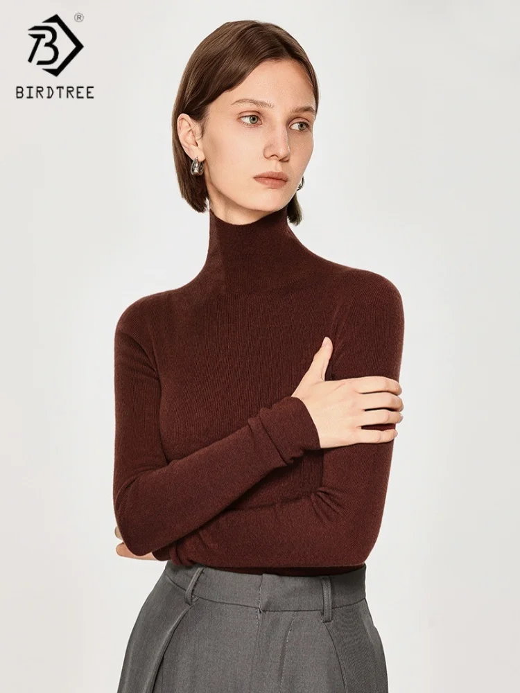 

Нижнее белье Birdtree из 100% овечьей шерсти, женский бесшовный свитер с высоким воротником с 16 иглами, осенний вязаный пуловер 2025 T59006JF