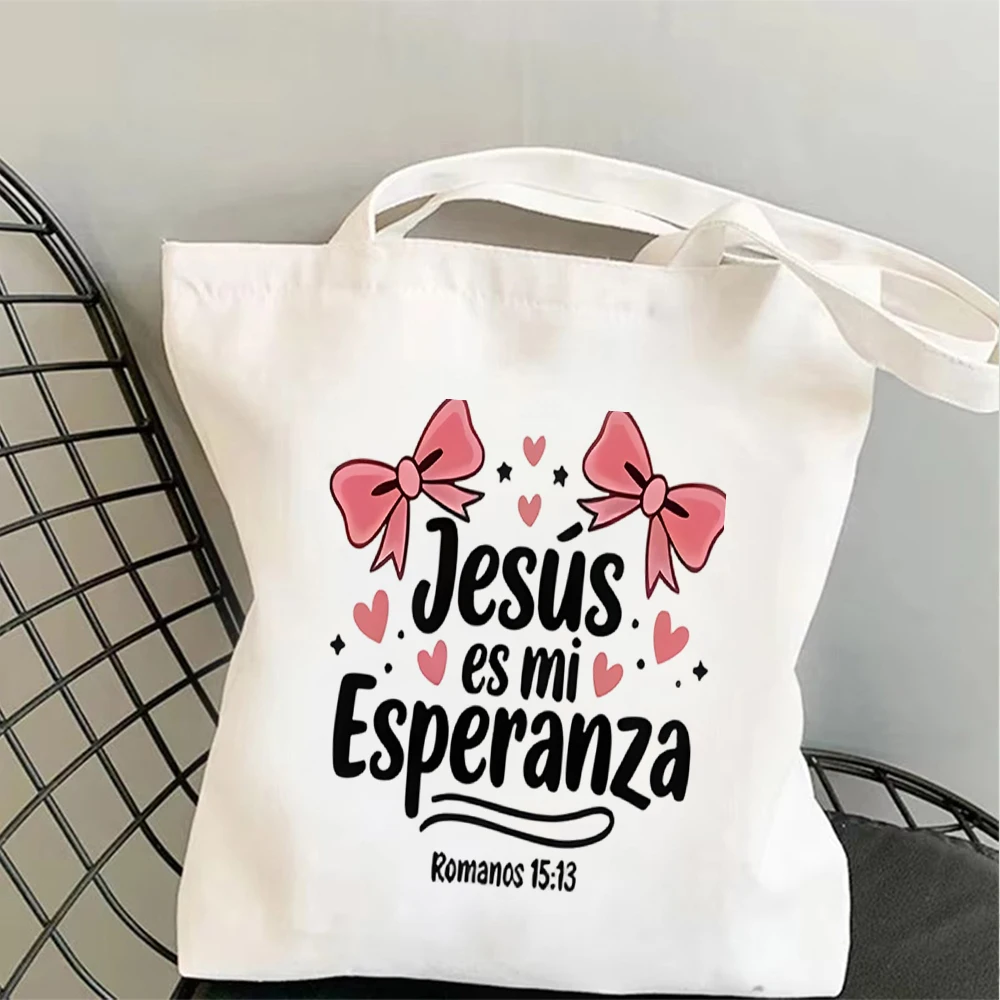 Biblical Verse Bow Print Canvas Tote Bag Practical Handbag For Christian Lovers Daily Outings And Everyday Casual Use